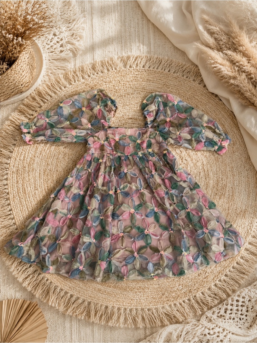 Boutique Pastel Floral Embroidered Tulle Dress | Puff Sleeves | Cottagecore